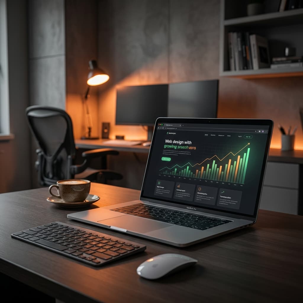 Professioneel webdesign op een laptop scherm dat groeiende statistieken toont